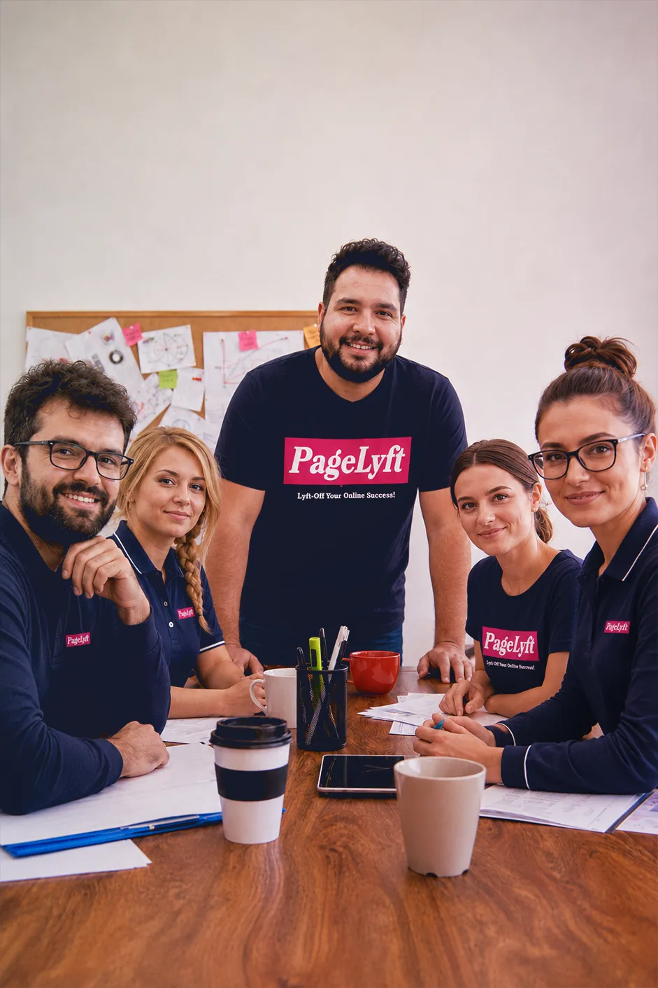 PageLyft studio team collaborating around a table in the Miami office