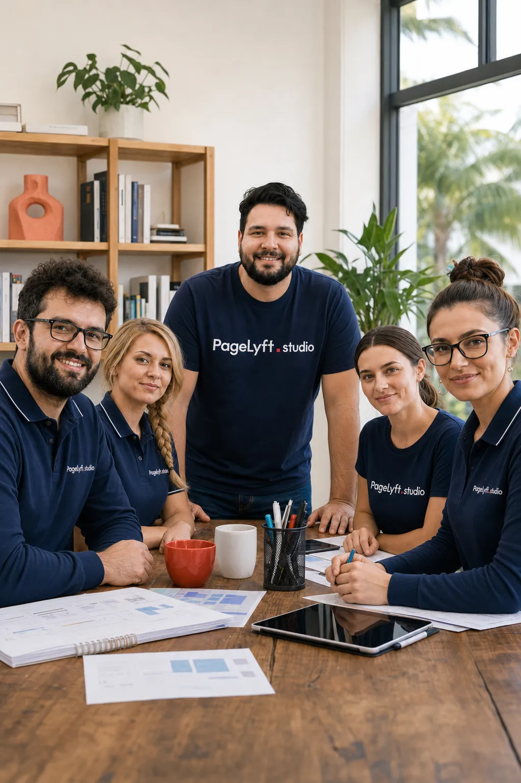 PageLyft studio team collaborating around a table in the Miami office