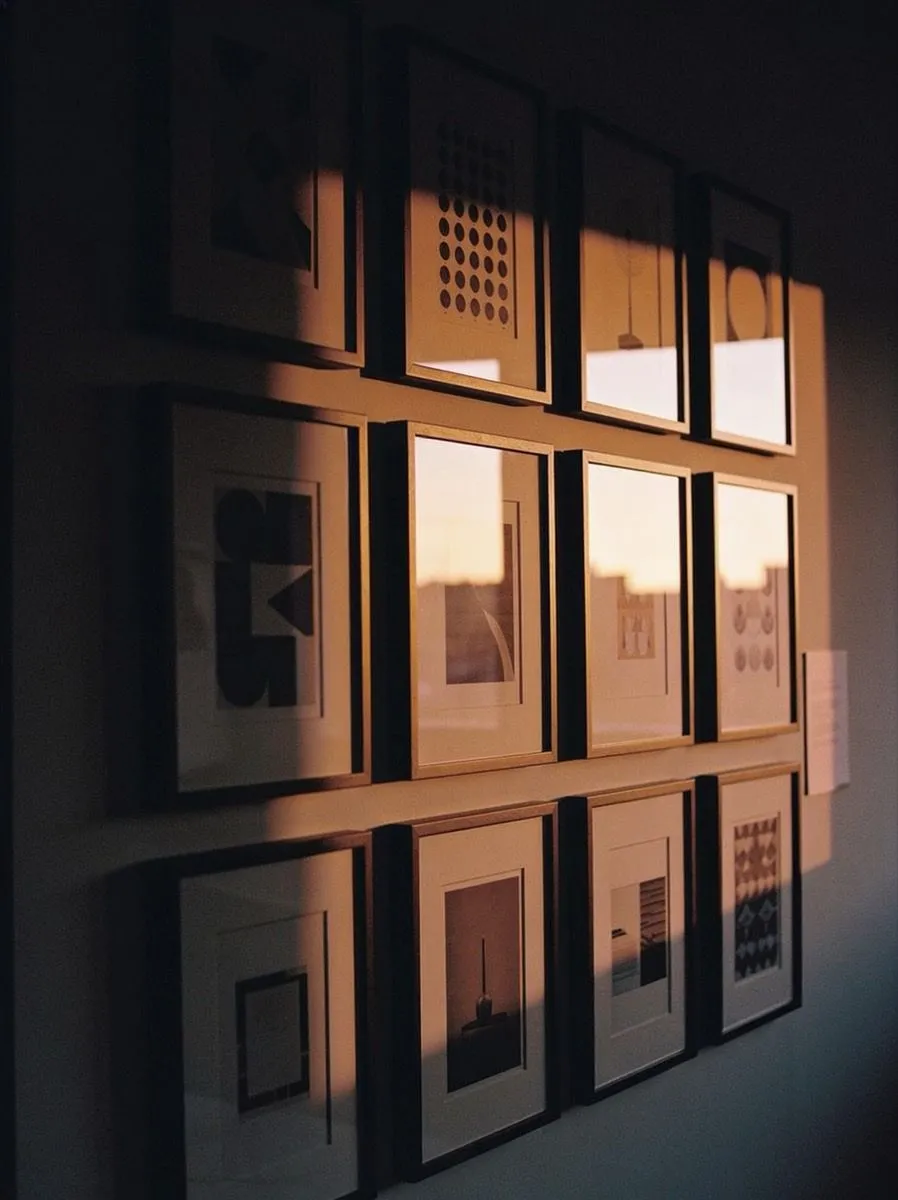 A wall of framed design work in the studio